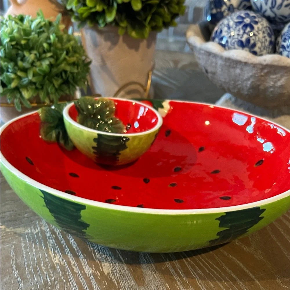 NEW! Ceramic Stoneware Vibrant Watermelon Chip & Dip Serving Fruit Bowl